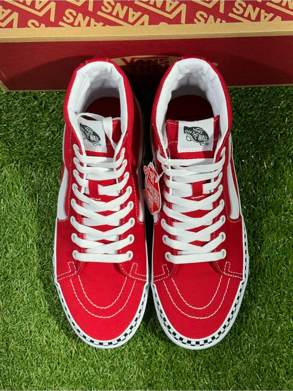Vans SK8-HI  Check Foxing, Red/White with Checkerboard Trim, Men’s 8,VN0A38GEVS5